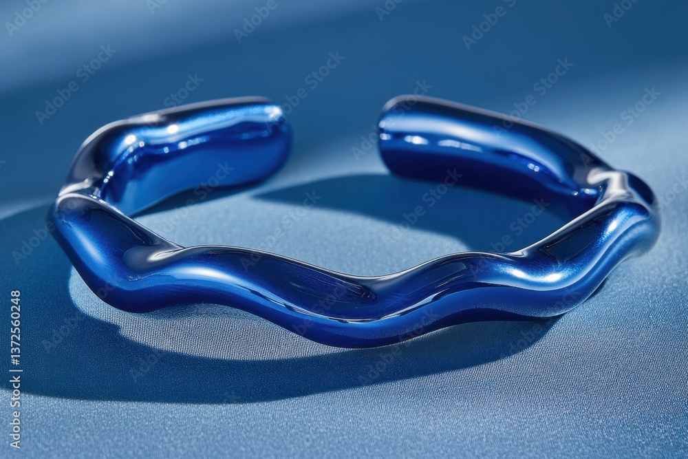 Poster elegant blue bracelet with a wavy design casting a soft shadow on a matching blue textured surface c