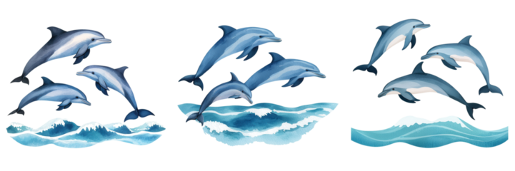 Playful Dolphins Jumping Over Waves in colorful Ocean Scene