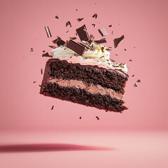 Chocolate cake slice floating in mid-air