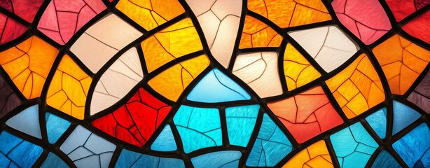 Geometric Stained Glass A vivid stained glass design featuring a vibrant mix of colors, showcasing intricate patterns and artistic craftsmanship.