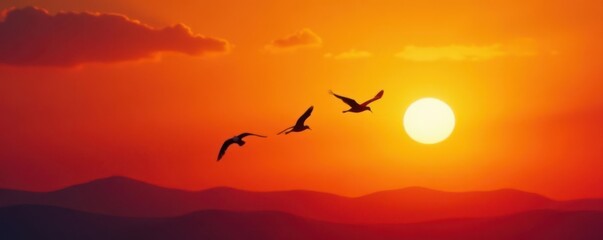 Fototapeta premium Silhouetted birds fly across vibrant orange sunset sky, landscape, avian