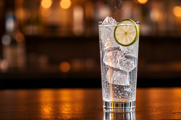 Refreshing gin and tonic cocktail with ice, lime garnish, and sparkling bubbles in a clear glass