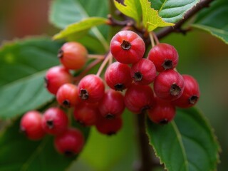 medicinal herbs and berries, traditional medicine Cluster of red berries on a tree branch. The berries are small and shiny. The leaves are green