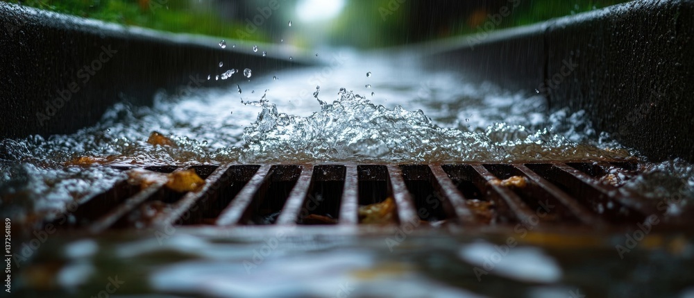 Poster rainwater splashing into storm drain on overcast day creating dynamic water spray and motion with au