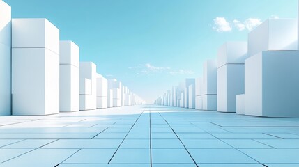 A road lined with large white cubes, with an open sky in the background