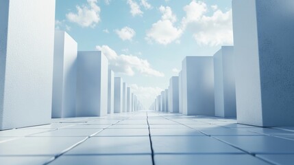 A road lined with large white cubes, with an open sky in the background