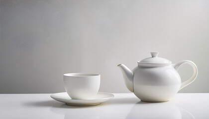 Fototapeta premium Tea Afternoon - A minimalist tea setup with a single white porcelain cup and a teapot on a smooth, bright surface