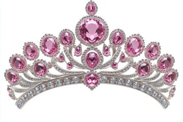 Obraz premium Exquisite tiara with pink gemstones and sparkling diamonds on a pristine white backdrop capturing elegance luxury and royalty in a close up shot