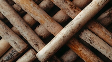 Textured Background of Weathered Wooden Poles Intertwined in a Rustic Pattern