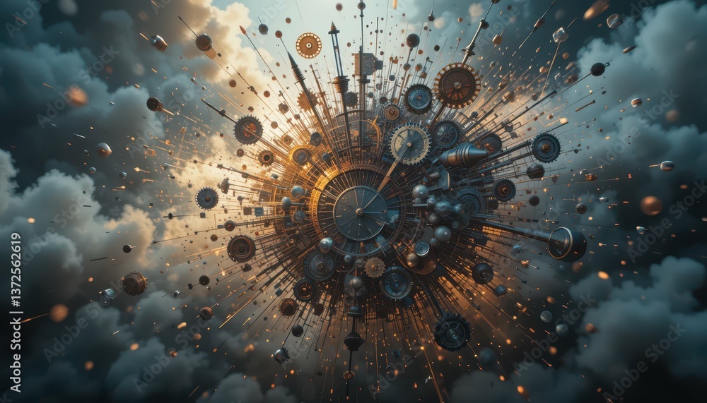 Poster intricate explosion of gears and clockwork in dramatic atmosphere