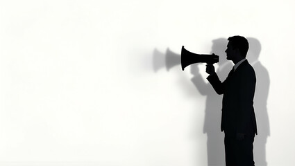 Fototapeta premium Photo realistic silhouette of a person with a megaphone in double exposure, symbolizing impactful public announcements and marketing, with ample copy space.