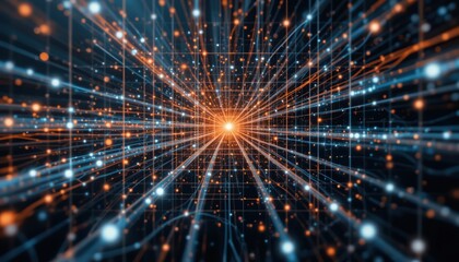 Fototapeta premium Dynamic light patterns emanating from central point digital universe visual representation cosmic environment abstract viewpoint exploration of energy