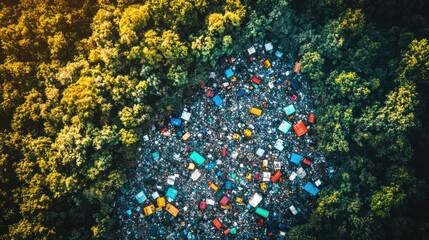 Aerial view shows a large pile of trash in the forest