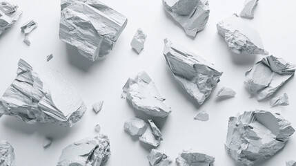 Scattered grey stone fragments on white background, creating a minimalist, textured scene.  Suggests fragility, nature, or abstract art