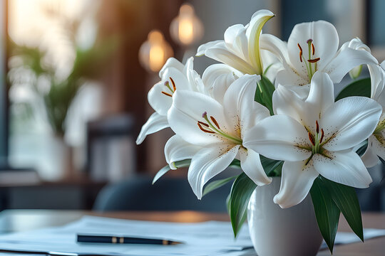 A delicate white lily bouquet in full bloom, their soft petals radiating elegance and tranquility - Powered by Adobe
