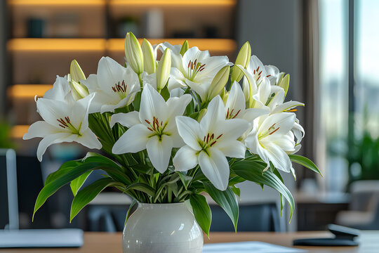 A delicate white lily bouquet in full bloom, their soft petals radiating elegance and tranquility