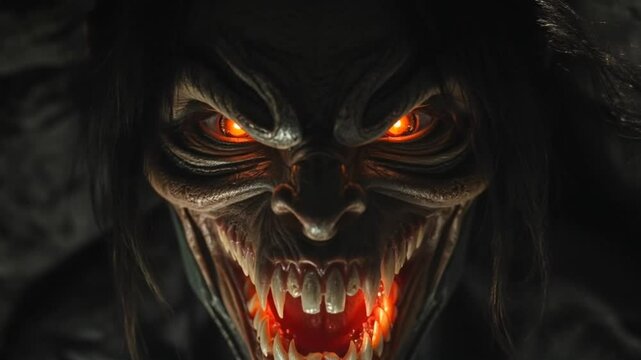Close-up of a monstrous face with glowing orange eyes and sharp teeth.  Dark, shadowy background emphasizes the creature's menacing expression.  A terrifying and intense image.
