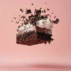 Chocolate cake slice floating in mid-air