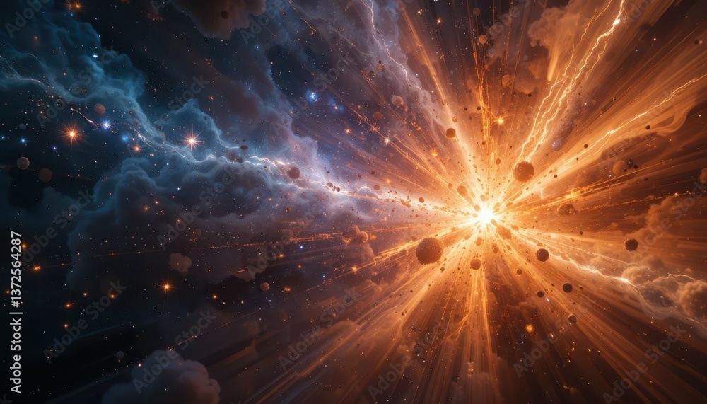 Poster explosive cosmic event with stars and colorful gas clouds in space