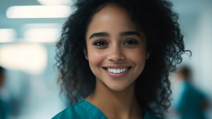 Fototapeta premium Young Vibrant Latina Nurse Smiling in Bright Medical Environment
