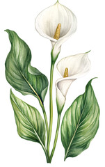 Calla lily plant, white background, illustration style, PNG transparent