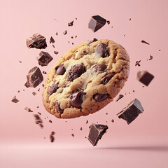 High-resolution food photography of a chocolate chip cookie floating in mid-air, with melted chocolate chunks and cookie crumbs