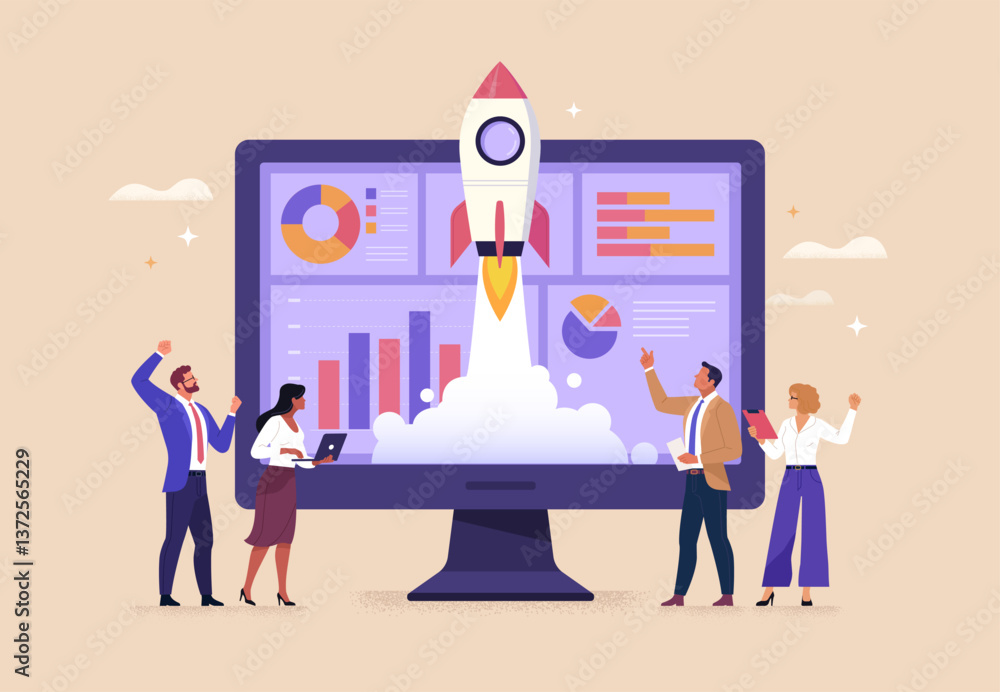 Poster business startup concept. vector cartoon illustration of rocket launch against background of monitor
