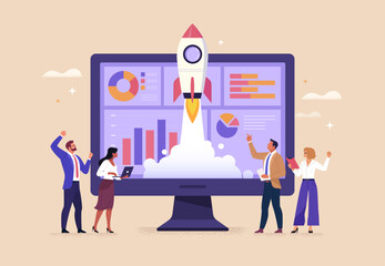 Business Startup Concept. Vector cartoon illustration of rocket launch against background of monitor with graphs and a group of watching people. Isolated on background.