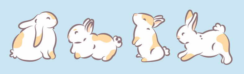 Set of four adorable white and beige bunnies in different poses on a light blue background. Perfect for Easter, spring, or children's themes. Rabbits sitting, jumping, and playing.