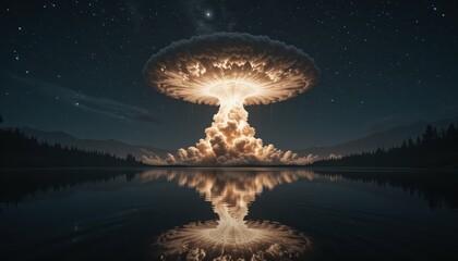 Dramatic Nuclear Explosion Under Starry Sky Reflected in Water