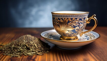 Fototapeta premium Tea Cup - A close - up of a beautifully patterned teacup with golden accents, resting on a wooden surface with loose tea leaves