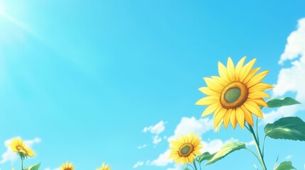 Sunflowers bloom under a bright, blue sky.
