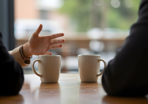 Coffee and a Good Conversation, Two coffee mugs placed next to each other on a table with a blurred background.