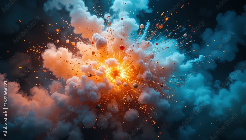 Poster dynamic colorful explosion with smoke and sparks in dark background