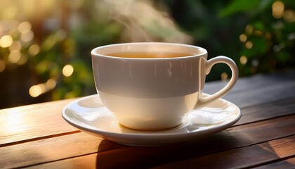 Obraz premium Tea Cup - A simple yet elegant white ceramic tea cup filled with hot tea, with steam rising in soft natural lighting