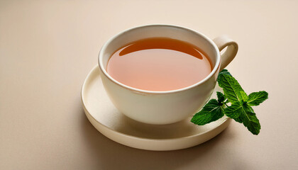 Tea Cup - A stylish flat - lay of a simple ceramic tea cup with a sprig of fresh mint on a neutral backdrop