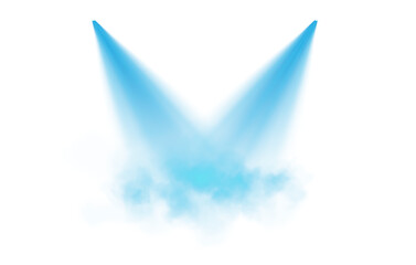 Fototapeta premium Featuring multiple blue spotlights shining at various angles, with light beams diffused through a subtle mist, set against a transparent background. PNG. 