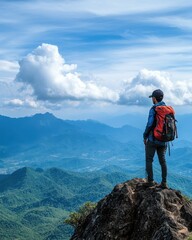 Solitary hiker standing atop a rocky peak overlooking a scenic mountain range under a cloudy sky adventure travel outdoor lifestyle freedom exploration