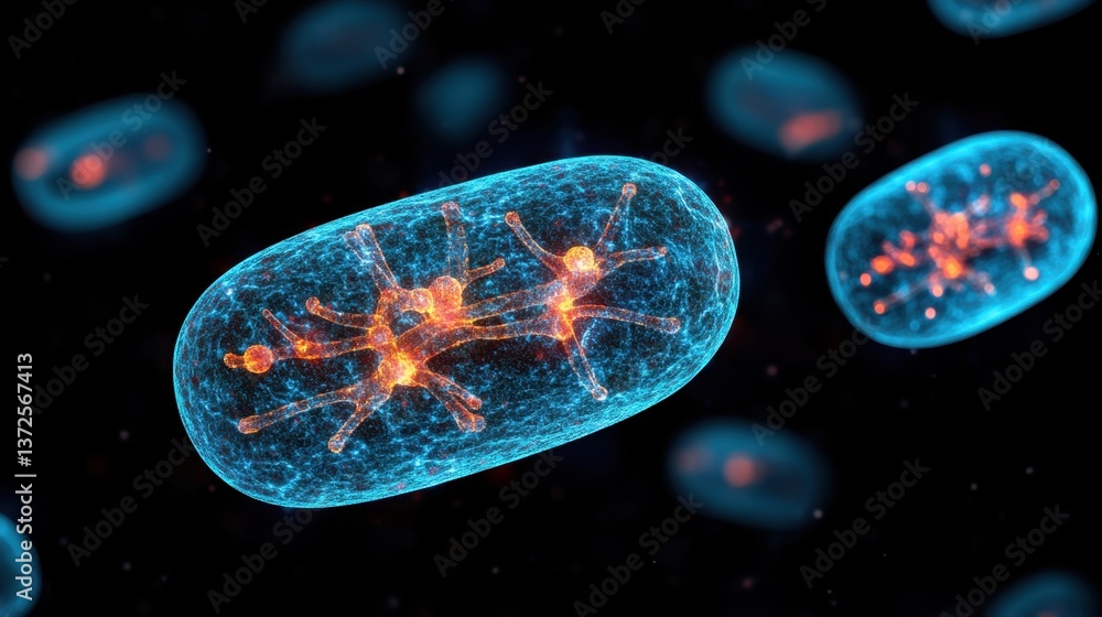 Poster microscopic view of dividing cells in a dark void, an abstract representation of cellular division a
