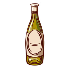 Green glass wine bottle with blank label and cork line icon. Outline hand drawn closed packaging of alcohol product. Wine bar menu, winery mascot, luxury dry champagne bottle icon vector illustration