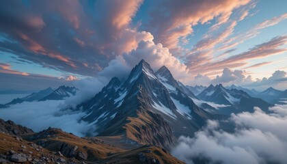Majestic Mountain Peaks Under Dramatic Clouds at Sunset Glow
