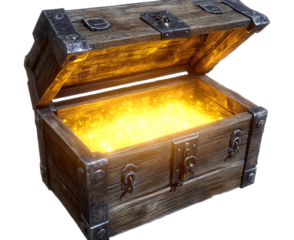 Rustic wooden chest with a glowing light inside, isolated on a transparent background