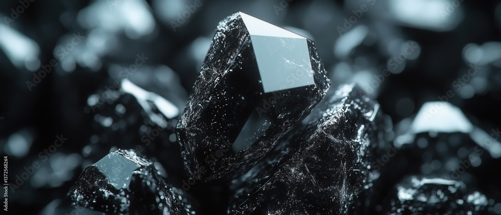 Poster captivating close up of dark mineral crystals with intricate facets and shimmering surfaces against 