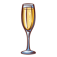 Glass of gold sparkling wine line icon. Outline hand drawn crystal wineglass of luxury fizzy drink with bubbles for party, holiday celebration. Wine mascot, champagne cup icon vector illustration