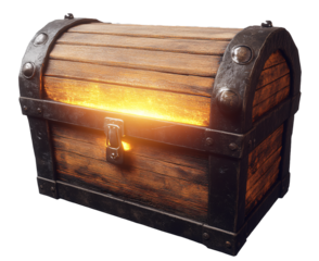 Rustic wooden chest with a glowing light inside, isolated on a transparent background
