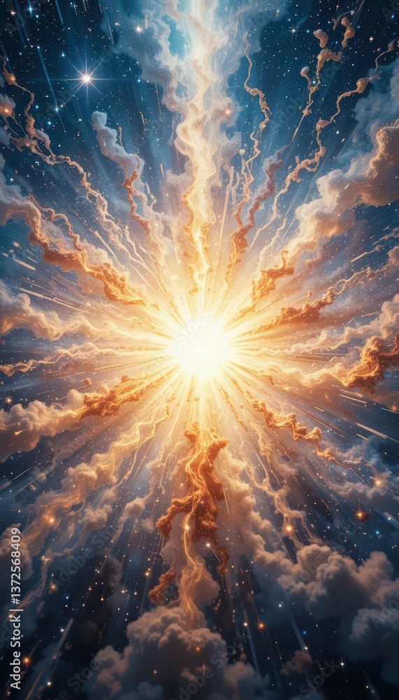 Poster bright cosmic explosion with dynamic light and colorful patterns