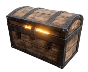 Rustic wooden chest with a glowing light inside, isolated on a transparent background