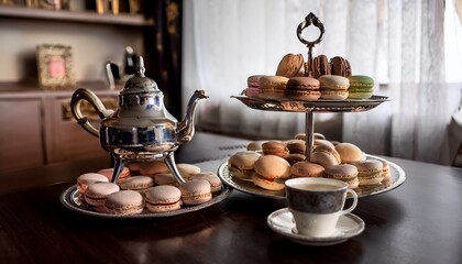 Tea Party - A closeup of an elegant tea setting with a silver teapot, delicate teacups, and a tiered tray filled with macarons and petit fours
