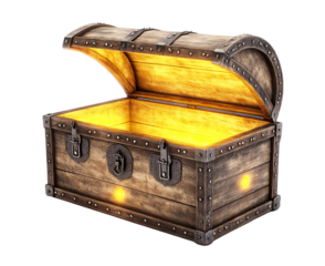 Rustic wooden chest with a glowing light inside, isolated on a transparent background