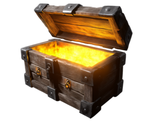 Rustic wooden chest with a glowing light inside, isolated on a transparent background